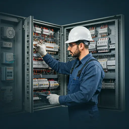 Bursa'da modern bir sanayi tesisinde elektrik panosu üzerinde çalışan profesyonel elektrik teknisyeni