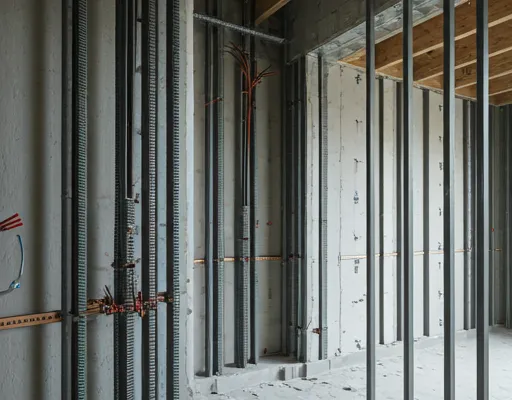 A clean, wide-angle shot of a modern residential construction site showing neatly organized electrical conduits and wires installed in the walls.