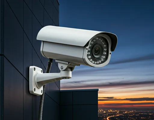 A high-end security camera mounted on a modern dark building facade, reflecting a secure and vigilant atmosphere.