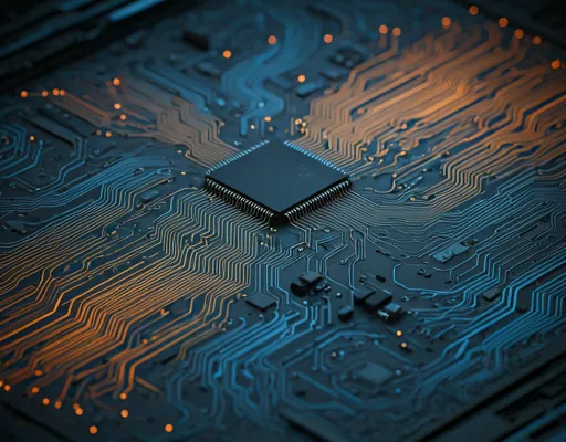 A professional close-up of a high-tech electrical circuit board with glowing blue and amber light paths, representing advanced engineering and precision.